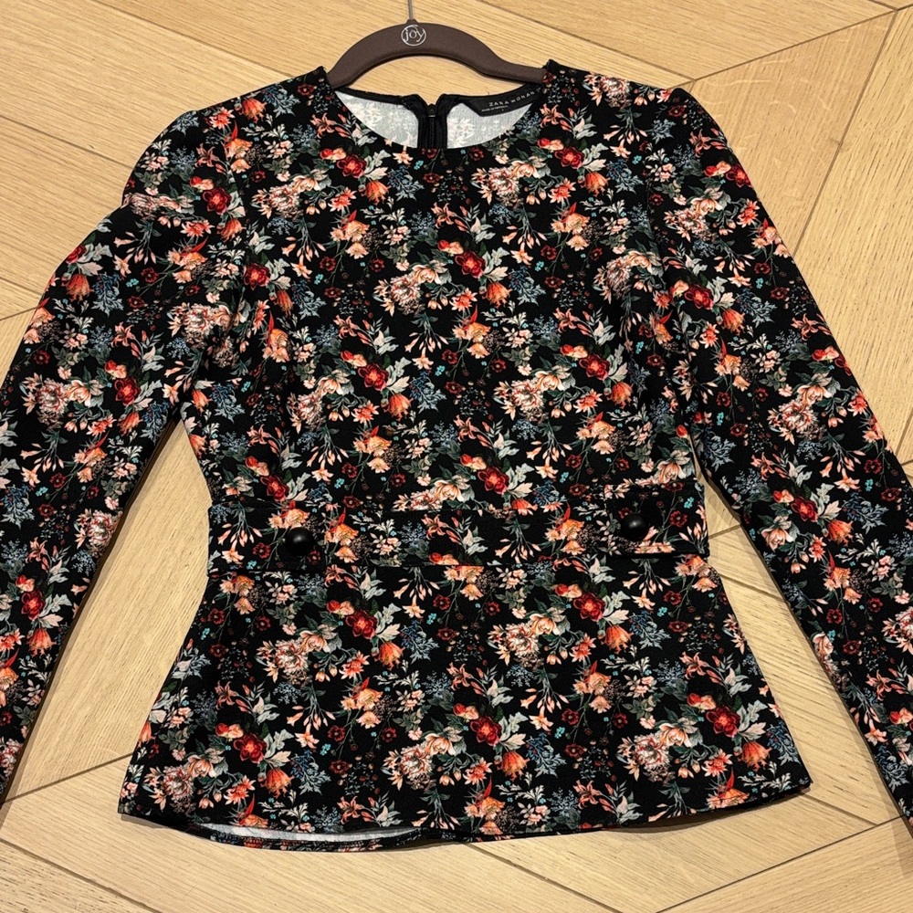 Zara Black Floral Long Sleeve Blouse